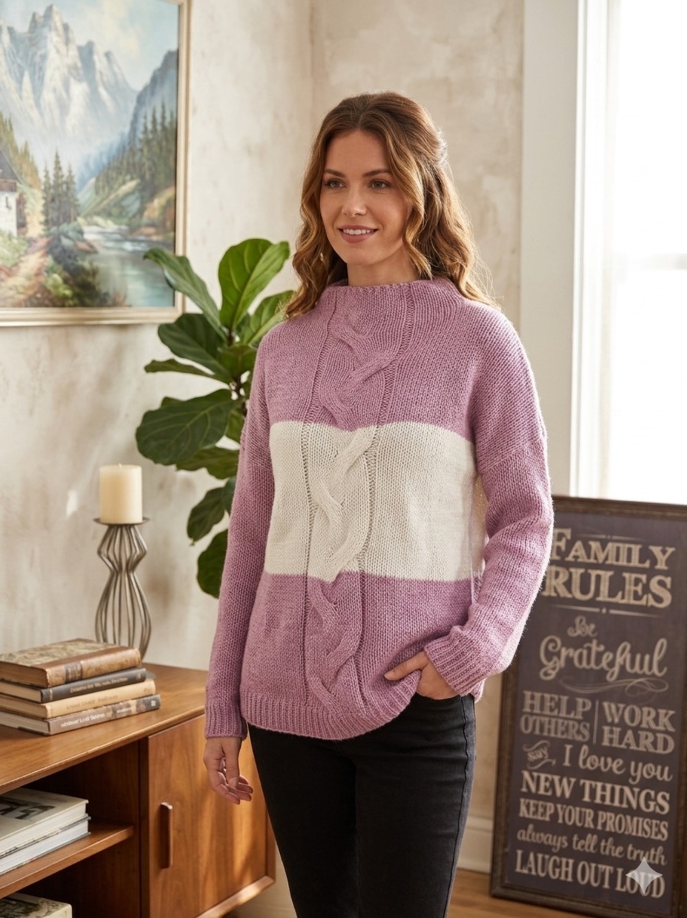 Easel Los Angeles Chalet Sweater – Purple & White Colorblock Cable Knit NWT